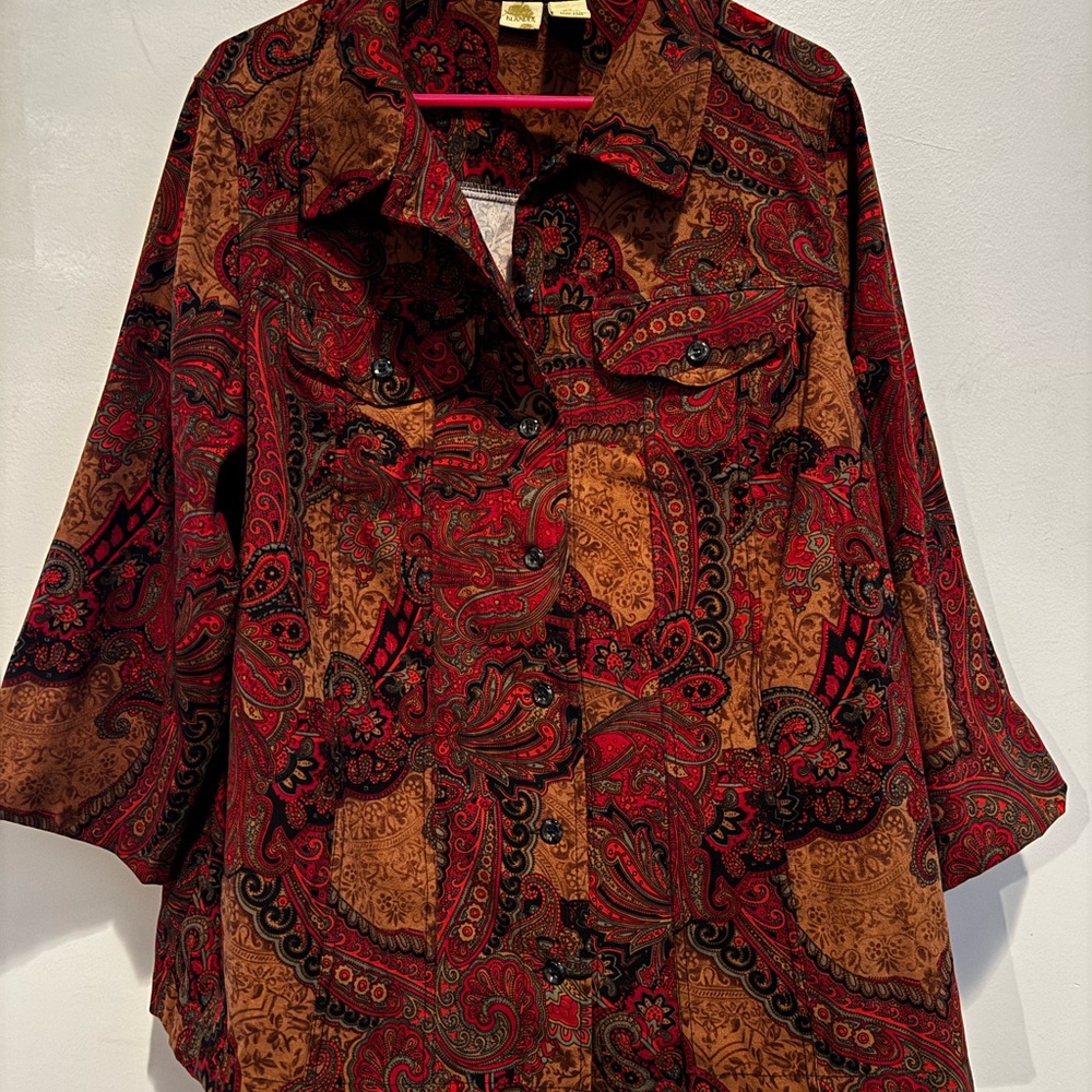 Boho Islander Brown and Red Paisley Casual Shirt, Whimsical, Fairy grunge, Plus